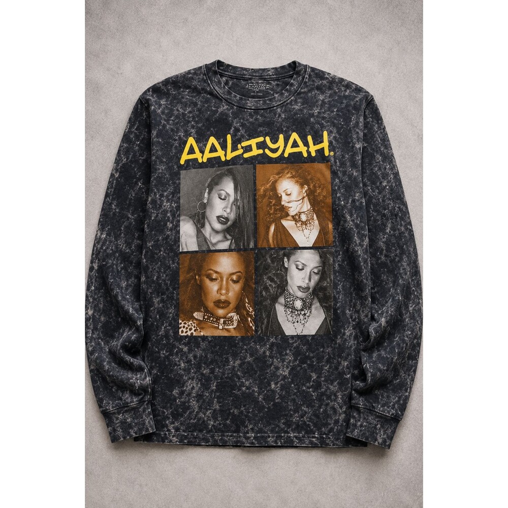 Aaliyah T Shirt Womens L Acid Wash Long Sleeve R&B Hip Hop Music Graphic Tee